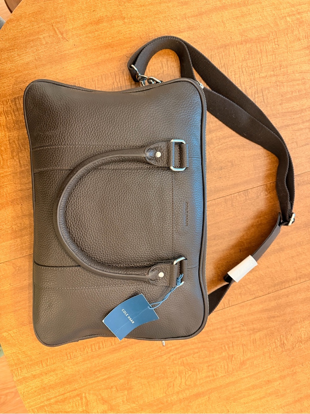 Cole Haan Dark Brown Pebbled Leather Laptop Bag with Shoulder Strap
